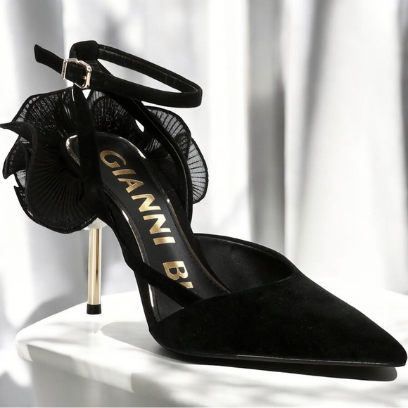 Gianni Bini Shoes - Gianni Bini BRADLEY Black Suede Ruffle Heels with Pearl Detail